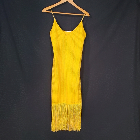 Zara Marigold Yellow Mustard Fringe Hemmed Slip Dress Flapper Party Dancing Date - Picture 3 of 9